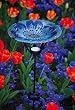 Blue Floral Glass Birdbath with Solar Stake