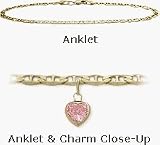 10 Karat 10 Yellow Gold Flat Gucci Style Pink Stone Heart Charm Anklet