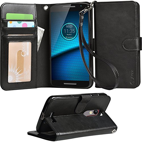 Droid Turbo 2 Case, Arae Motorola Moto Droid Turbo 2 wallet case,[Wrist Strap] Flip Folio [Kickstand Feature] PU leather wallet case with ID&Credit Card Pockets For Moto Turbo 2 (Black)