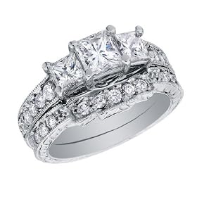 Three Stone Princess Cut Diamond Engagement Ring &amp; Wedding Band Set 1 Carat (ctw) in 14K White Gold (Certified): Jewelry