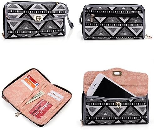 Smartphone Wristlet Wallet Apple iPhone 6 | All In One - Crossbody Shoulder Chain Included | Black Grey White Navajo Inspired Pattern