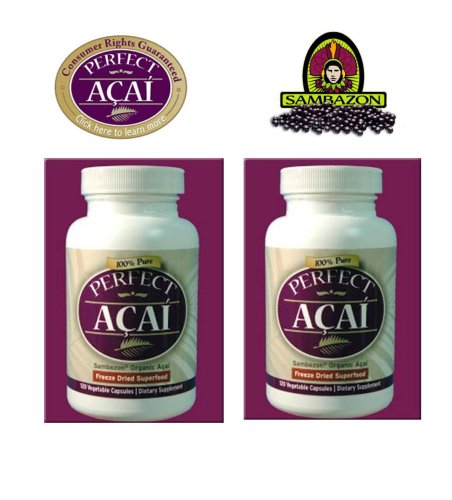 100% Organic ACAI Sambazon Pure Freeze Dried Fruit Berry, 2 Bottles (120 Capsules Ea Bottle)