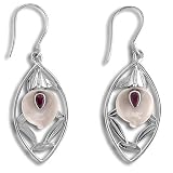 Sterling Silver Pink Mother-of-Pearl Lily and Ruby Earrings by Sajen