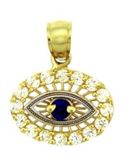 10K Two Tone Gold Good Luck Charm Evil Eye Pendant with Colorless and Sapphire-Colored CZ Stones