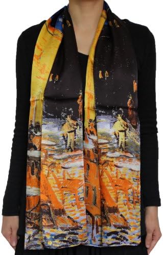 100% Luxurious Natural Charmeuse Silk Long Scarf-Van Gogh's "Cafe Terrace at Night"