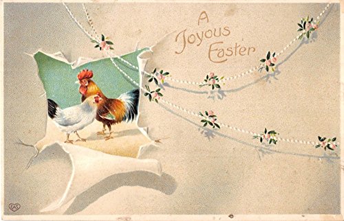 A Joyous Easter A Hen Rooster Flowers On String Of Pearls Antique PC V7900