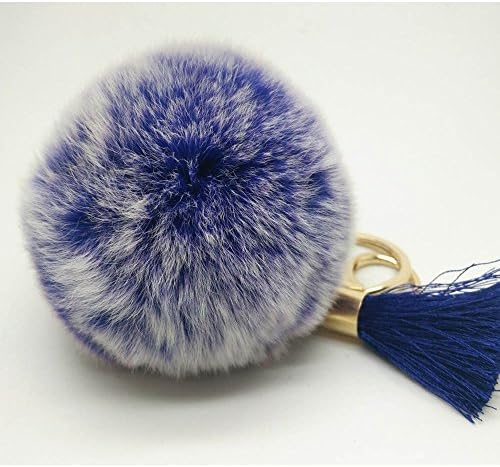 Fashion Frosted Royal Blue Cute Fluffy Rex Rabbit Fur Pom Pom with Tassel Keychain Handbag Pendant