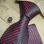 H5017 New Designes Red Black Striped 100% Jacquard Woven Silk Tie Hanky Mens Necktie and Cuff Links Cufflinks and Handkerchiefs Set (Red and Blue)