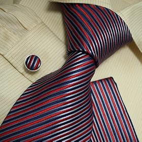 Buy H5017 New Designes Red Black Striped 100% Jacquard Woven Silk Tie Hanky Mens Necktie and Cuff Links... by Y&G