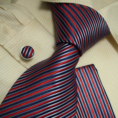 H5017 New Designes Red Black Striped 100% Jacquard Woven Silk Tie Hanky Mens Necktie and Cuff Links Cufflinks and Handkerchiefs Set (Red and Blue)