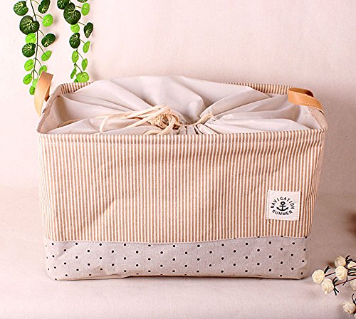 GreenForest Cotton Blend Linen Convenient Folding Storage Bin Basket With Totes,Closet Drawer ,Yellow Strips Polka Do(18.2x12.4x10.8Inches)