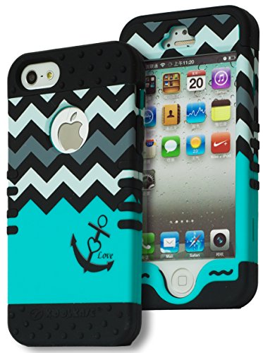 iPhone SE Case, Bastex Heavy Duty Hybrid Black Silicone / Teal Chevron with Anchor Design Hard Shell Case for Apple iPhone Se, iPhone 5, 5s, 5th Generation