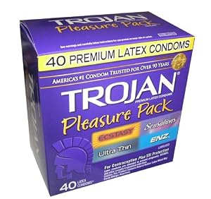 Trojan Pleasure Pack 40 Premium Latex Condoms - Ecstasy, Sensations, Ultra Thin, and ENZ Lubricated - Awesome Assortment