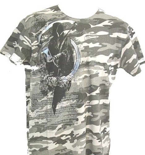 Dragonfly Clothing Grim Reaper Scythe Camouflage Shirt, Militant look PUNK, EMO, Biker Streetwear Shirt with Foil embelished Reaper design.