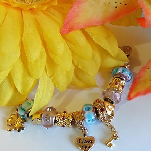 Jewelry - Gold-plated Pandora Style Charm Fashion Bracelet with Murano Style Beads, - Perfect Gift for Women- Valentines, Birthdays, Anniversaries and Mother's Day