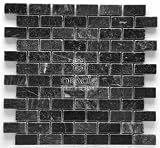 1 X 2 Black Tumbled Marble Brick Mosaic Tile