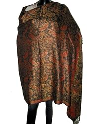 Black Orange Paisely India Pashmina Shawl Cashmere Wrap Throw 76"x28"