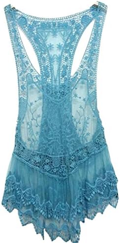 Women's Floral Sleeveless Vintage Crochet Knit Tank Tops Blouses Free Size Blue