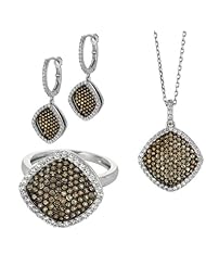 BRI Jewelry Sterling Silver Square Bowl Shape With Clear And Coffee Micropave Cubic Zirconia Set - Pendant - Dangle Earring
