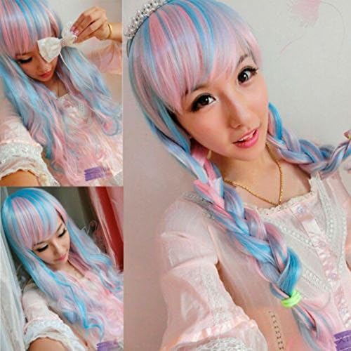 DM154 Lolita Wigs Anime Harajuku Long Wavy Curly Blue Mix Pink Wigs Cosplay+free Wig Cap