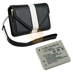CANON NB-4L / NB4L Equivalent Replacement Li Ion Battery For PowerShot SD200 / SD300 / SD400 / SD430 / SD450 / SD600 / SD630 and More Digital Cameras. **Includes Black Leather Case with White Trim