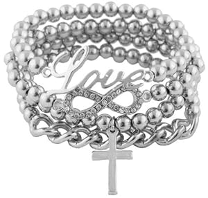 Ladies Silver with Clear Iced Out Infinity Sign Charm with Script Love Cross & Chain Bundle Stretch Bracelet