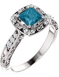 18K White Gold 5.00x5.00mm Princess Cut London Blue Topaz and Diamond Ring -- LIFETIME WARRANTY