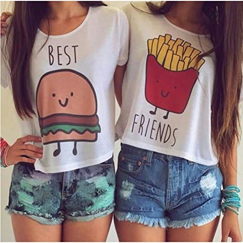 ringforu New Casual Crop Tops Women Summer Round Neck Best Friends Print T Shirts Fashion Short Sleeve Printed Shirt Female the Price for One Red L