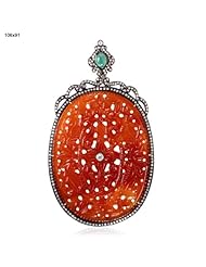 Diamond Pave Emerald & Orange Agate Carved Pendant 18kt Gold Jewelry