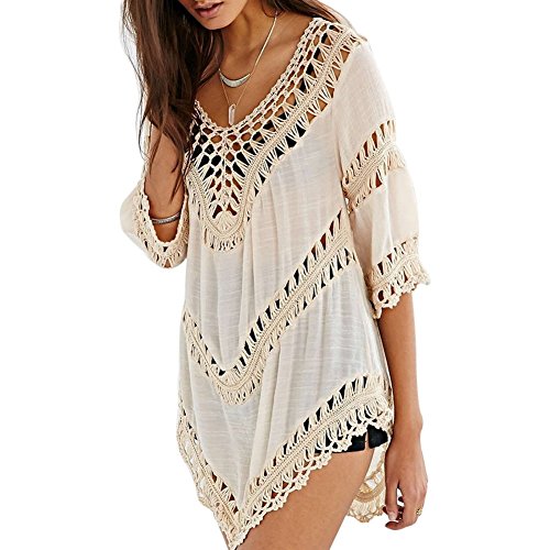 MIOIM 体型カバー 前後 Vネック チュニック かぎ針編み パレオ シャツ ニット ブラウス 水着 ビキニカバー レディ オーバーウェア ビーチドレス 日焼け止め UVカバー ドルマンスリーブ スイムウェア