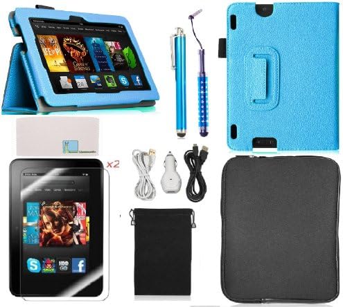 Llamamia Kindle Fire HDX 7 Inch 2013 Accessories Bundle - Folio Stand Pu Leather Case Cover Protector + Car Charger + 2 Cables(6 Feet) + Zipper Sleeve Pouch Bag + 2 Screen Protectors + 2 Stylus Pens (Light Blue)