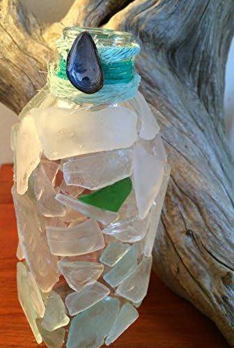 Sea Glass Mosaic Vase Upcycled Square Bottle Vase with Multi Colored Surf Tumbled Cape Cod Sea Glass with Blue and Green Marine Rope Accent