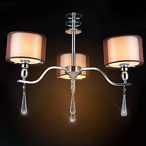 BYB® T8017-3 Modern 3-Light Chandelier, Arching Rectangular Arms, Polished Chrome Finish with Fabric Shades and K9 Optical Crystal Column Ornament