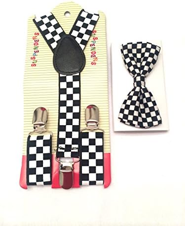 Baby Toddler Kids Children Boys Girls BlackWhite Checkered Suspender &amp; Bow Tie Set
