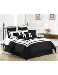 Cozy Beddings Lux Décor 8-Piece Comforter Set, Queen, Black with White Stripe