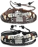 FIBO STEEL Leather Charm Bracelet for Men Braided Wrist Cuff Vintage, 2 Pcs a Set