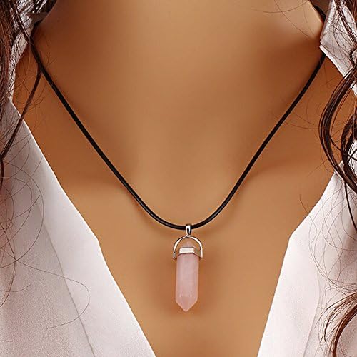 Yunsenshop Natural Gemstones Hexagonal Pointed Chakra Rope Pendant Necklace Pink