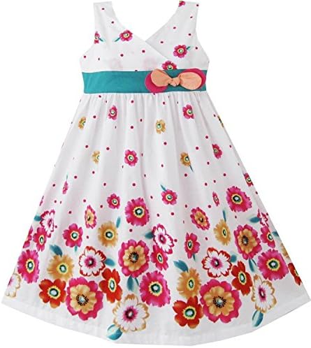 Rosa, Girls Colorful Sunflower Turquoise Tie Bow Decoration White Cotton Dress,Pink 6