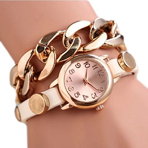 Doinshop Women Gold Dial Leather Chain Wrap Analog Quartz Wrist Watch Bracelet (white)
