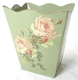 Vintage Decor Wastebasket ~ Trashcan ~ Trash Bin ~ Trash Basket ~ French Retro Green Enamel with Pink White Old Roses