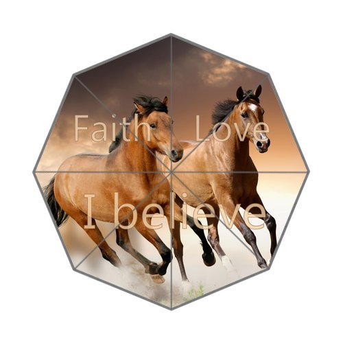 Fantastic Design Compact Custom Lightweight Auto Open / Close Foldable Rainy / Sunny Umbrella – Generic ” Faith Love I Believe ” Running Couple Horses Happiness Warm Quotes Design