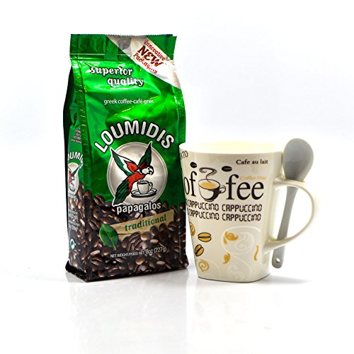 Papagalos Loumidis Traditional Greek Coffee (1 X 8 Oz) Porcelain Trendy Coffee Mug (1 X 12 Oz) with (1) Slick Colorful Bone Spoon (Pack of 3 Pcs)