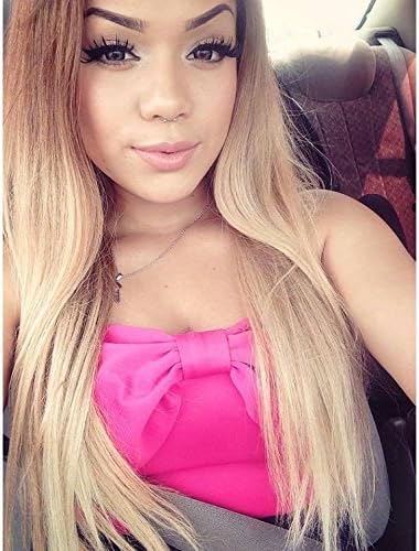 Kylie Jenner Heat Resistant Fiber Hair ombre brown to yellow color long straight Synthetic lace front wig for women free shipping