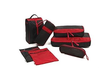 【クリックで詳細表示】【取得NG】アウトレット Outlet 旅行 に 便利 収納 ポーチ 7点 セット 【mana】 (赤×黒)： スポーツ＆アウトドア