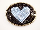 Handmade Large Oval Belt Buckle With Jet Swarovski Crystals, Light Sapphire Swarovski Crystal Heart With Belt