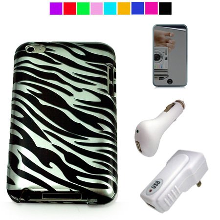 Protective Back Cover Case for iPod Touch 4G + Mirror Screen Protector + itouch USB Car Charger + USB Wall Charger (Black White Zebra)
