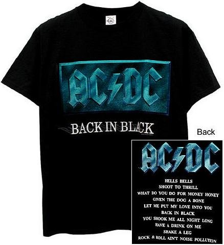 AC/DC 'Back In Black' BLUE Logo 2-sided black t-shirt