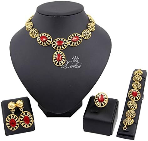 Gold Metal Big Alloy Necklace Earrings Set African Wedding Jewelry Sets Dubai Costume Necklace Set (Red)