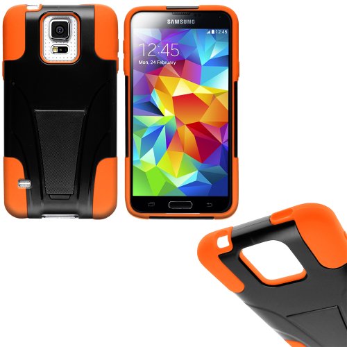 myLife Vibrant Orange and Dark Coal Black - Neo Hybrid Series (Built In Kickstand) 2 Piece + 2 Layer Case for NEW Galaxy S5 (5G) Smartphone by Samsung (External Hard Fit Armor With Built in Kick Stand + Internal Soft Silicone Rubberized Flex Gel Bumper Guard)