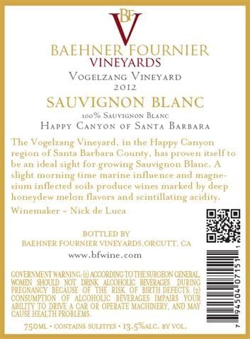2012 Baehner Fournier Vineyards Vogelzang Vineyard Sauvignon Blanc 750 mL